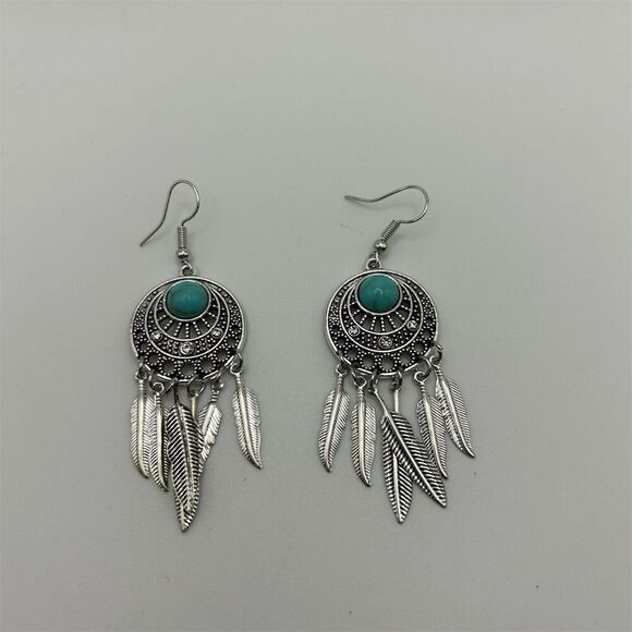 Bohemian Faux Turquoise Beaded Dream Catcher Feather Dangle Earrings Silver Tone - Picture 3 of 6